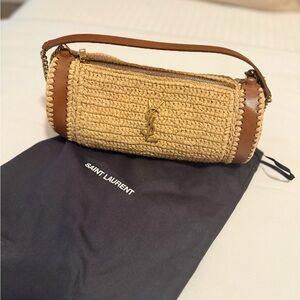 Saint Laurent Cream and Brown Raffia Shoulder Bag